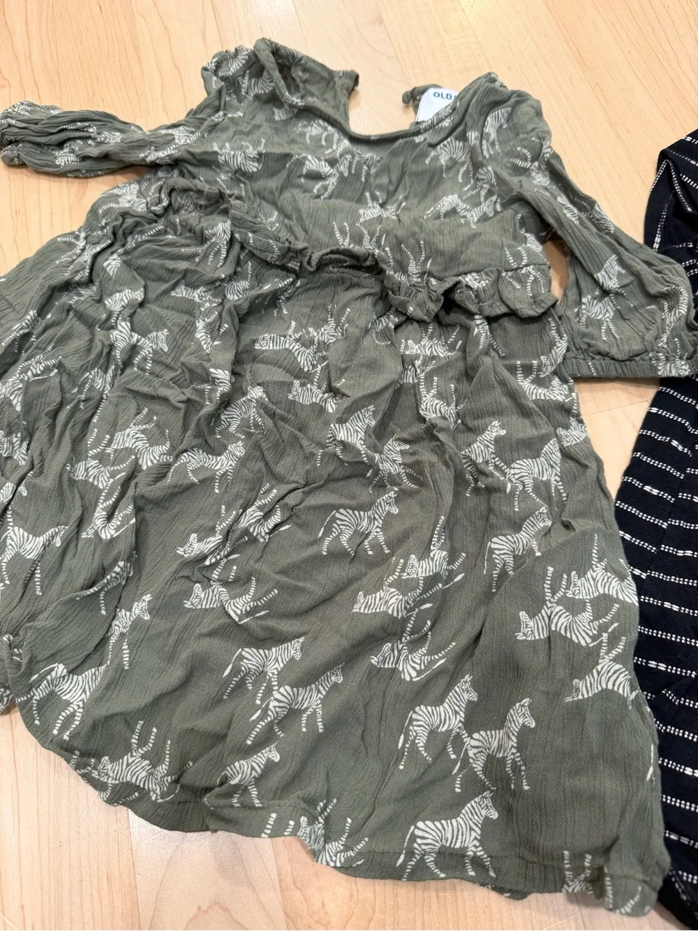 Old Navy Olive Green Zebra Print Long Sleeve Kids Dress and black short sleeve